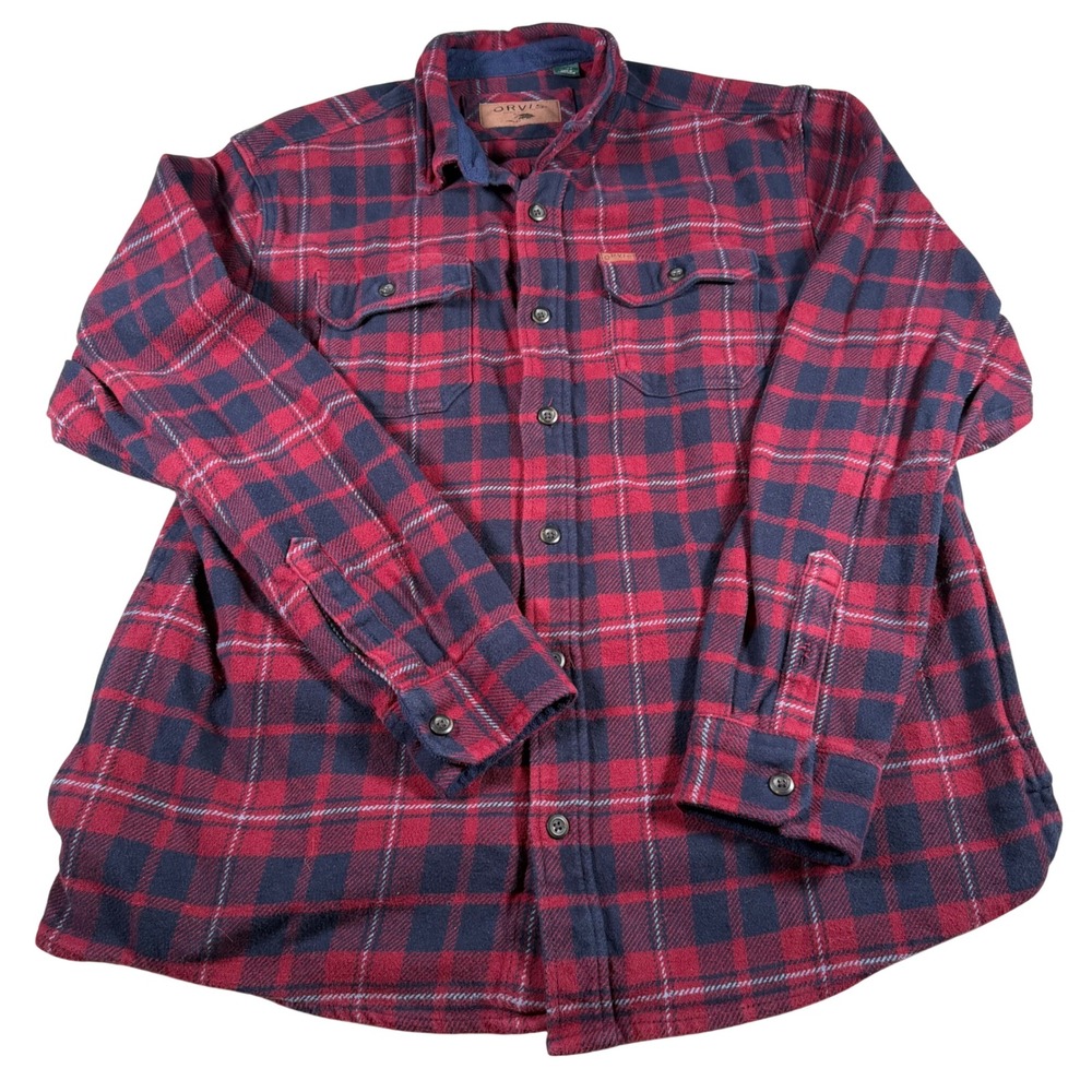 Orvis Heavy Flannel Button Down Shirt Jacket Mens XL Red Plaid Cotton 1312517
